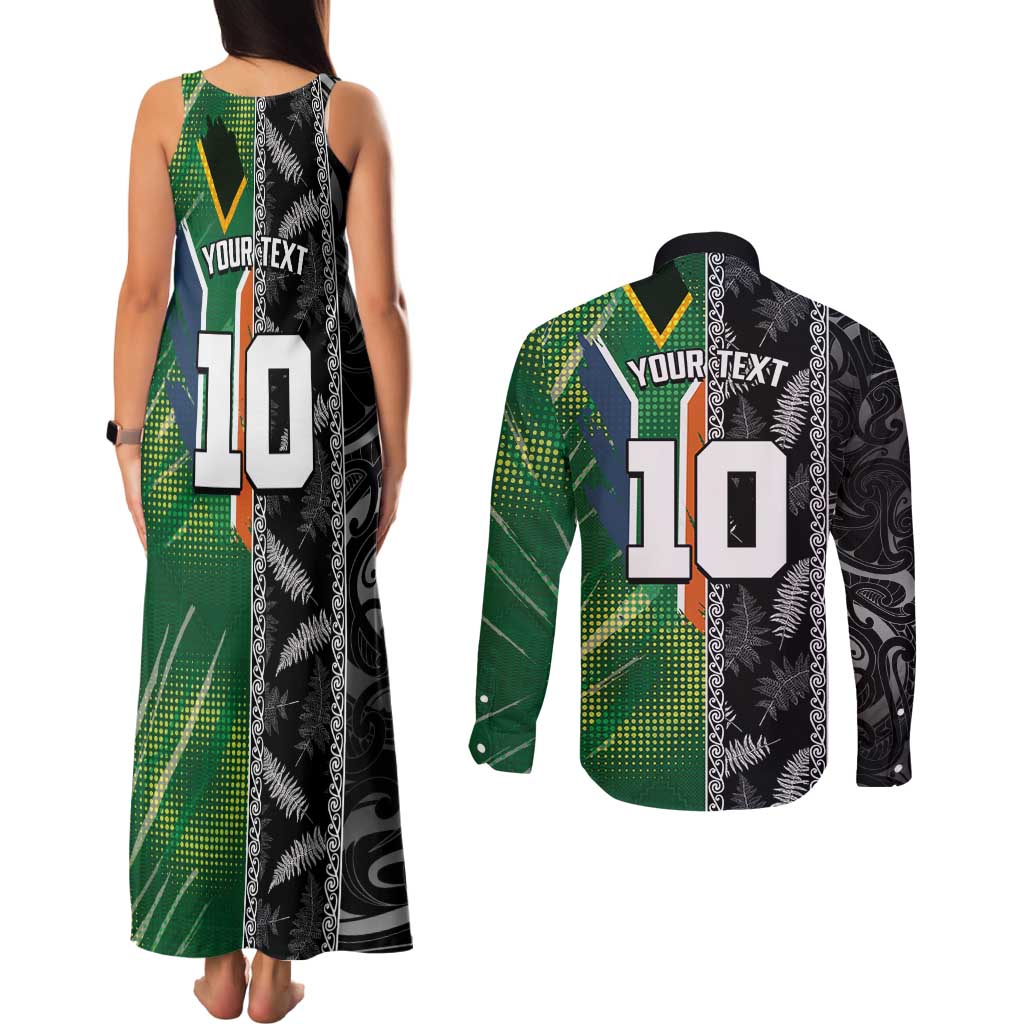 Custom Aotearoa South Africa Rugby Freedom Cup Couples Matching Tank Maxi Dress and Long Sleeve Button Shirt Maori Silver Fern Art and Sporty Flag SA LT03 - Polynesian Pride