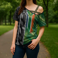 Custom Aotearoa South Africa Rugby Freedom Cup Cross Shoulder Shirt Maori Silver Fern Art and Sporty Flag SA - Polynesian Pride