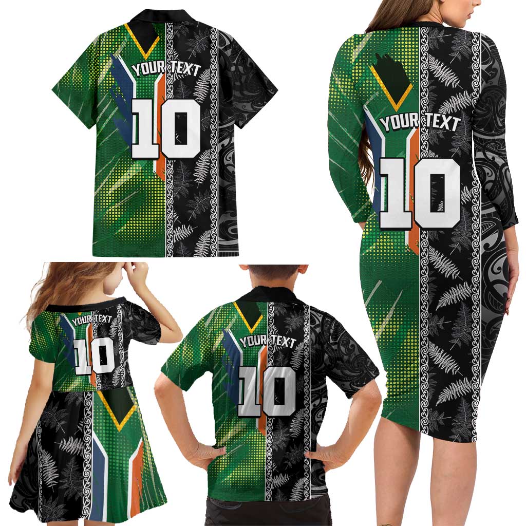 Custom Aotearoa South Africa Rugby Freedom Cup Family Matching Long Sleeve Bodycon Dress and Hawaiian Shirt Maori Silver Fern Art and Sporty Flag SA LT03 - Polynesian Pride