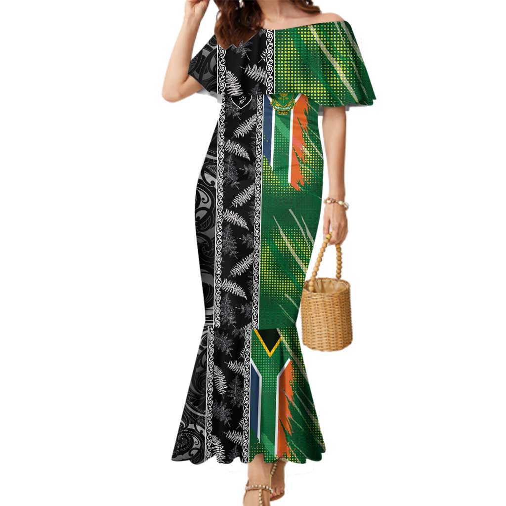 Custom Aotearoa South Africa Rugby Freedom Cup Family Matching Mermaid Dress and Hawaiian Shirt Maori Silver Fern Art and Sporty Flag SA LT03 Mom's Dress Black - Polynesian Pride