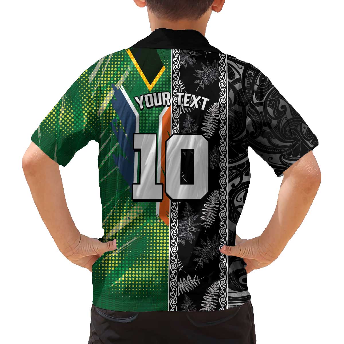 Custom Aotearoa South Africa Rugby Freedom Cup Family Matching Off The Shoulder Long Sleeve Dress and Hawaiian Shirt Maori Silver Fern Art and Sporty Flag SA LT03 - Polynesian Pride