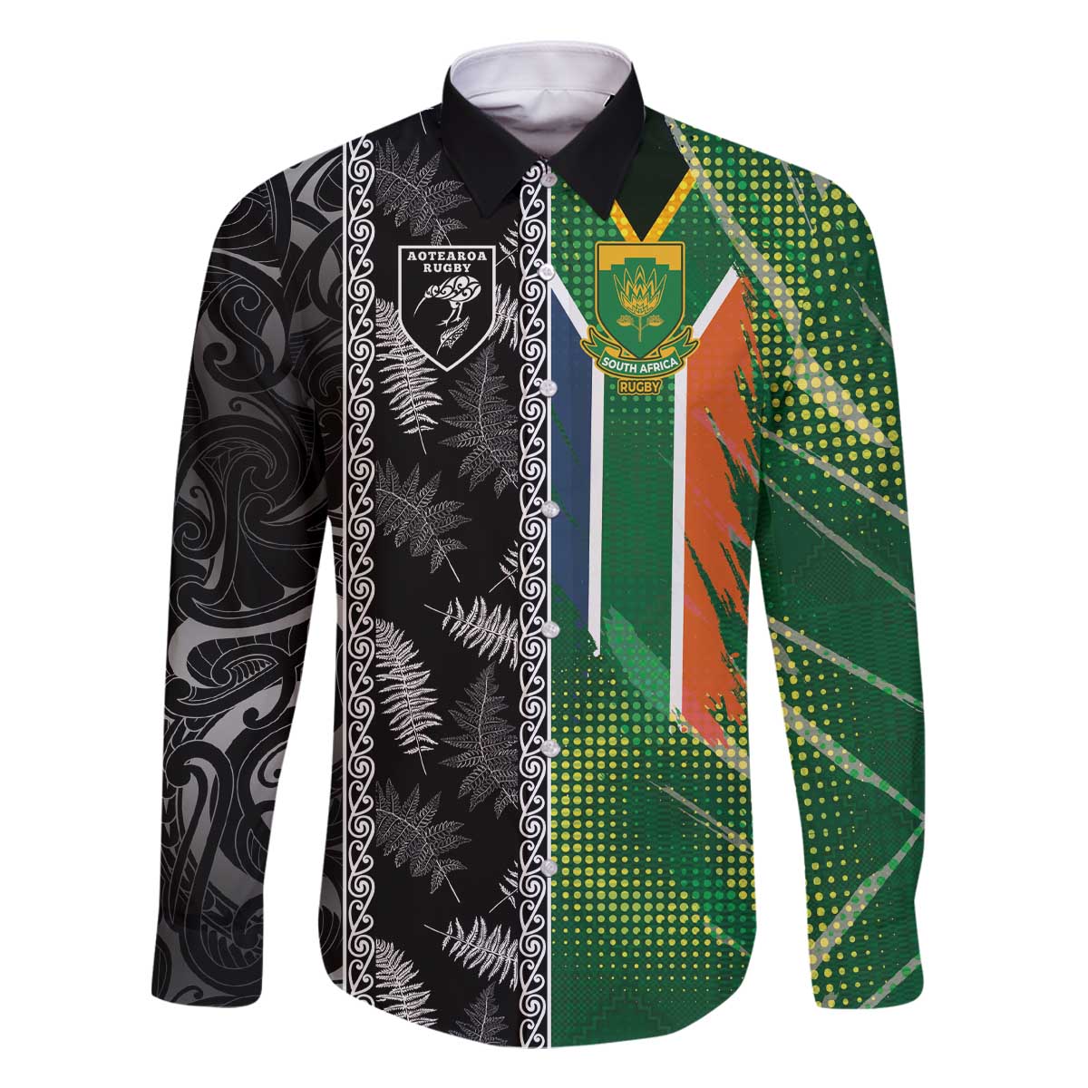 Custom Aotearoa South Africa Rugby Freedom Cup Family Matching Off The Shoulder Long Sleeve Dress and Hawaiian Shirt Maori Silver Fern Art and Sporty Flag SA LT03 Dad's Shirt - Long Sleeve Black - Polynesian Pride