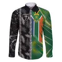 Custom Aotearoa South Africa Rugby Freedom Cup Family Matching Off The Shoulder Long Sleeve Dress and Hawaiian Shirt Maori Silver Fern Art and Sporty Flag SA LT03 Dad's Shirt - Long Sleeve Black - Polynesian Pride