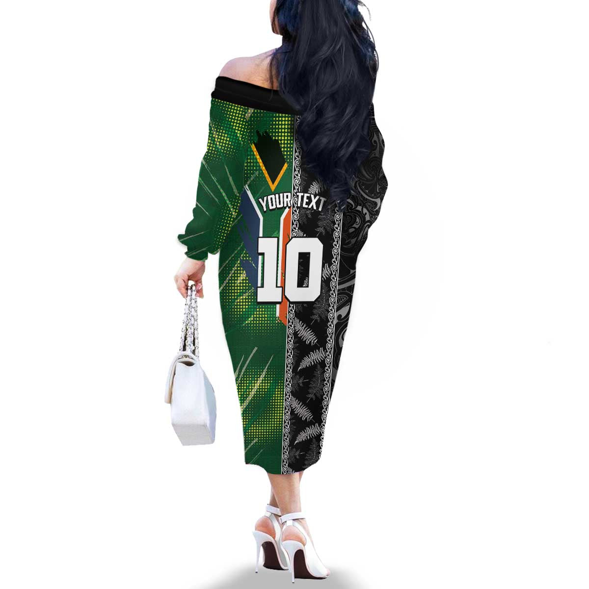 Custom Aotearoa South Africa Rugby Freedom Cup Family Matching Off The Shoulder Long Sleeve Dress and Hawaiian Shirt Maori Silver Fern Art and Sporty Flag SA LT03 - Polynesian Pride