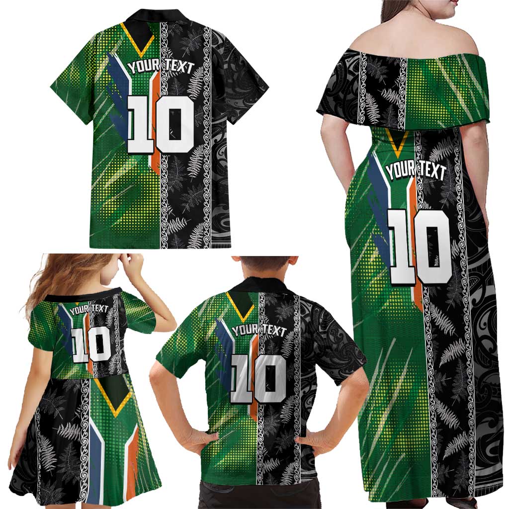 Custom Aotearoa South Africa Rugby Freedom Cup Family Matching Off Shoulder Maxi Dress and Hawaiian Shirt Maori Silver Fern Art and Sporty Flag SA - Polynesian Pride