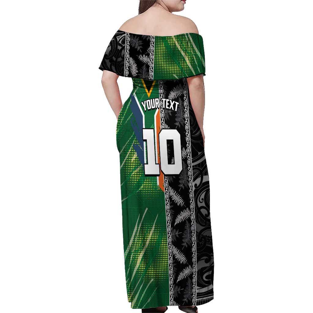Custom Aotearoa South Africa Rugby Freedom Cup Family Matching Off Shoulder Maxi Dress and Hawaiian Shirt Maori Silver Fern Art and Sporty Flag SA - Polynesian Pride