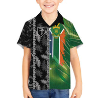 Custom Aotearoa South Africa Rugby Freedom Cup Family Matching Off Shoulder Maxi Dress and Hawaiian Shirt Maori Silver Fern Art and Sporty Flag SA - Polynesian Pride