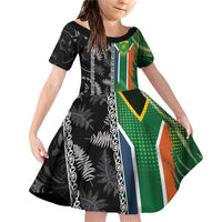 Custom Aotearoa South Africa Rugby Freedom Cup Family Matching Off Shoulder Short Dress and Hawaiian Shirt Maori Silver Fern Art and Sporty Flag SA - Polynesian Pride