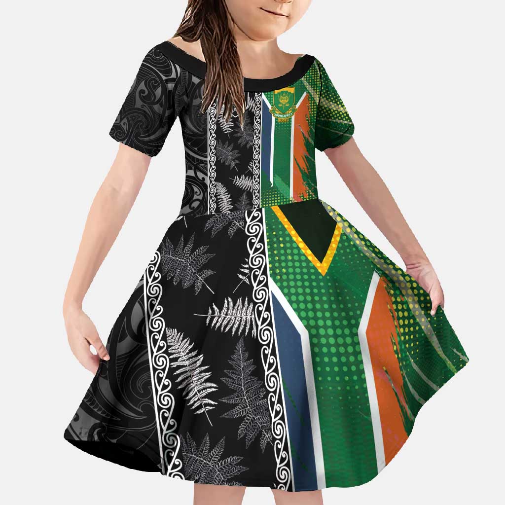 Custom Aotearoa South Africa Rugby Freedom Cup Family Matching Short Sleeve Bodycon Dress and Hawaiian Shirt Maori Silver Fern Art and Sporty Flag SA LT03 Daughter's Dress Black - Polynesian Pride