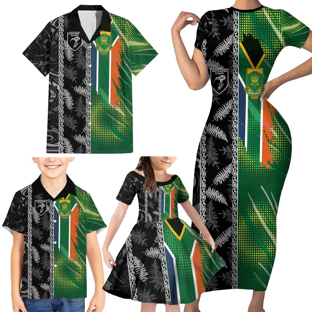 Custom Aotearoa South Africa Rugby Freedom Cup Family Matching Short Sleeve Bodycon Dress and Hawaiian Shirt Maori Silver Fern Art and Sporty Flag SA LT03 - Polynesian Pride
