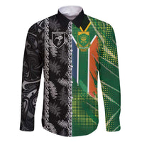 Custom Aotearoa South Africa Rugby Freedom Cup Family Matching Short Sleeve Bodycon Dress and Hawaiian Shirt Maori Silver Fern Art and Sporty Flag SA LT03 Dad's Shirt - Long Sleeve Black - Polynesian Pride