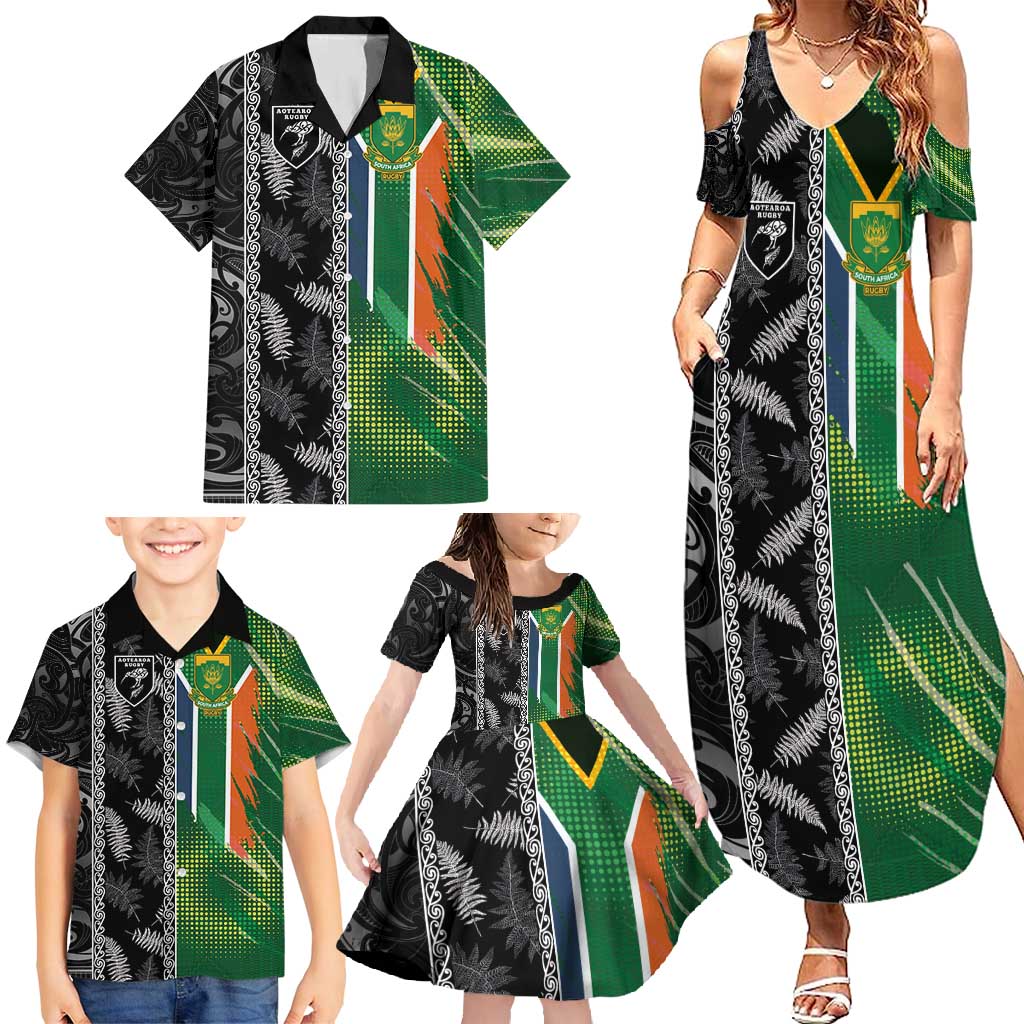 Custom Aotearoa South Africa Rugby Freedom Cup Family Matching Summer Maxi Dress and Hawaiian Shirt Maori Silver Fern Art and Sporty Flag SA - Polynesian Pride