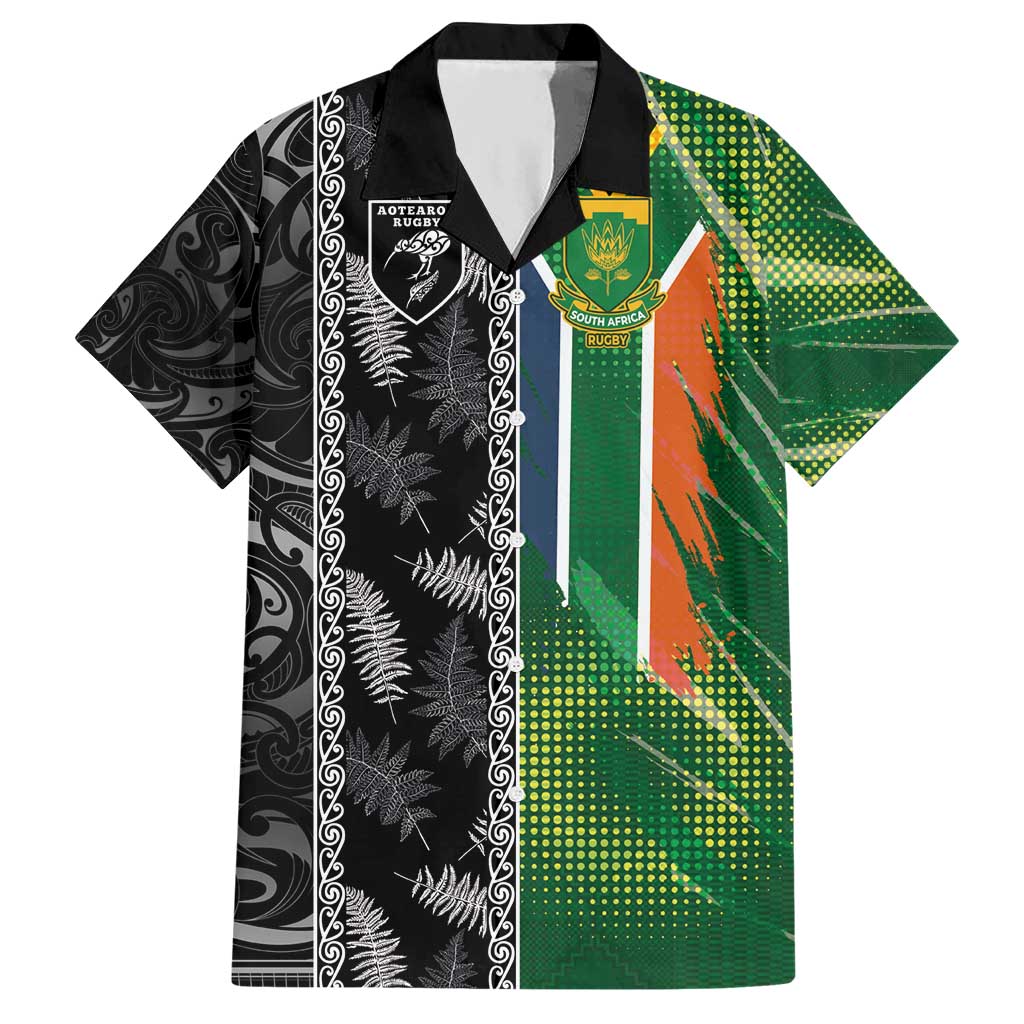 Custom Aotearoa South Africa Rugby Freedom Cup Hawaiian Shirt Maori Silver Fern Art and Sporty Flag SA LT03 Black - Polynesian Pride