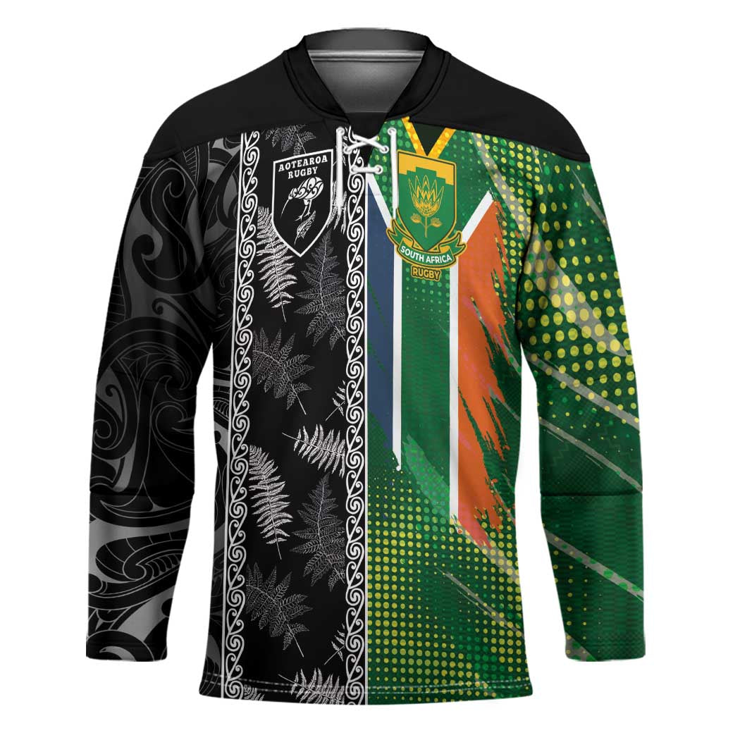 Custom Aotearoa South Africa Rugby Freedom Cup Hockey Jersey Maori Silver Fern Art and Sporty Flag SA LT03 Unisex Black - Polynesian Pride
