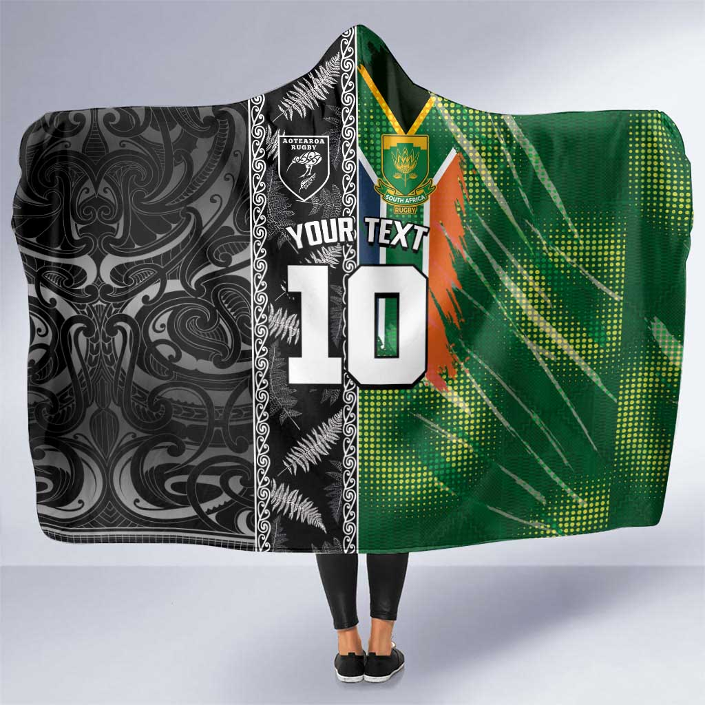 Custom Aotearoa South Africa Rugby Freedom Cup Hooded Blanket Maori Silver Fern Art and Sporty Flag SA LT03 One Size Black - Polynesian Pride