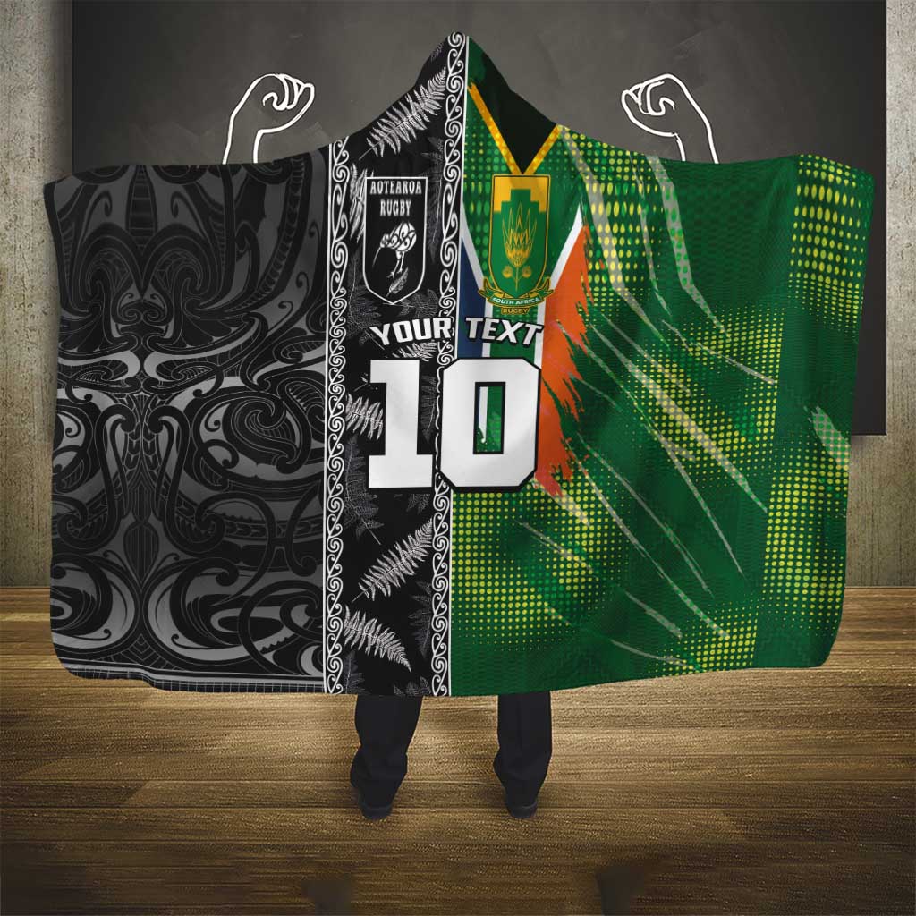 Custom Aotearoa South Africa Rugby Freedom Cup Hooded Blanket Maori Silver Fern Art and Sporty Flag SA LT03 - Polynesian Pride