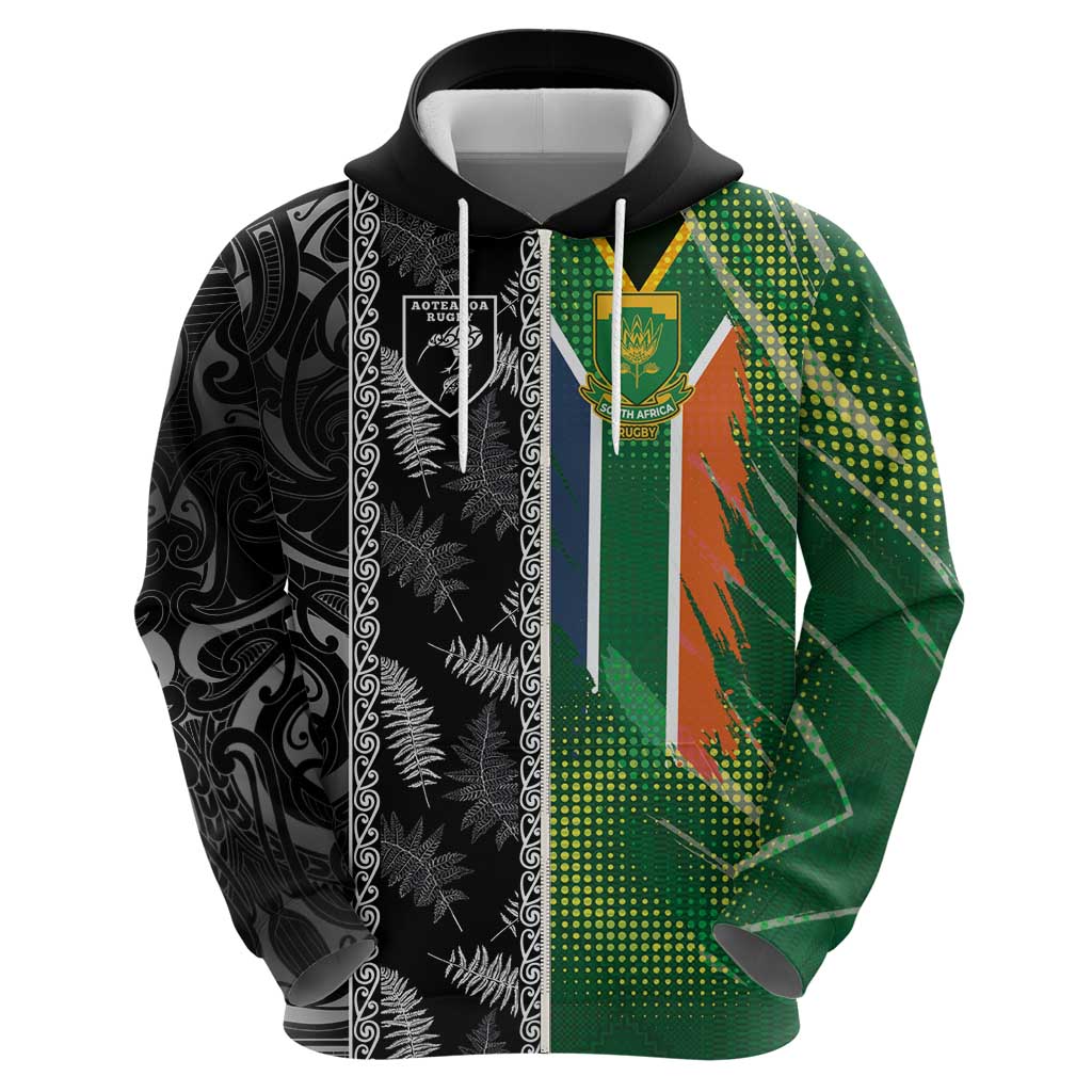 Custom Aotearoa South Africa Rugby Freedom Cup Hoodie Maori Silver Fern Art and Sporty Flag SA - Polynesian Pride