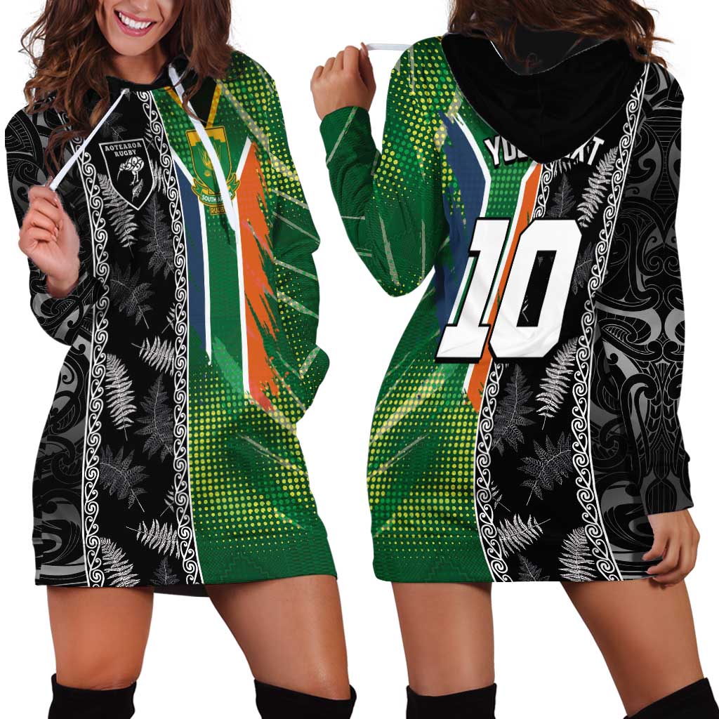 Custom Aotearoa South Africa Rugby Freedom Cup Hoodie Dress Maori Silver Fern Art and Sporty Flag SA LT03 - Polynesian Pride