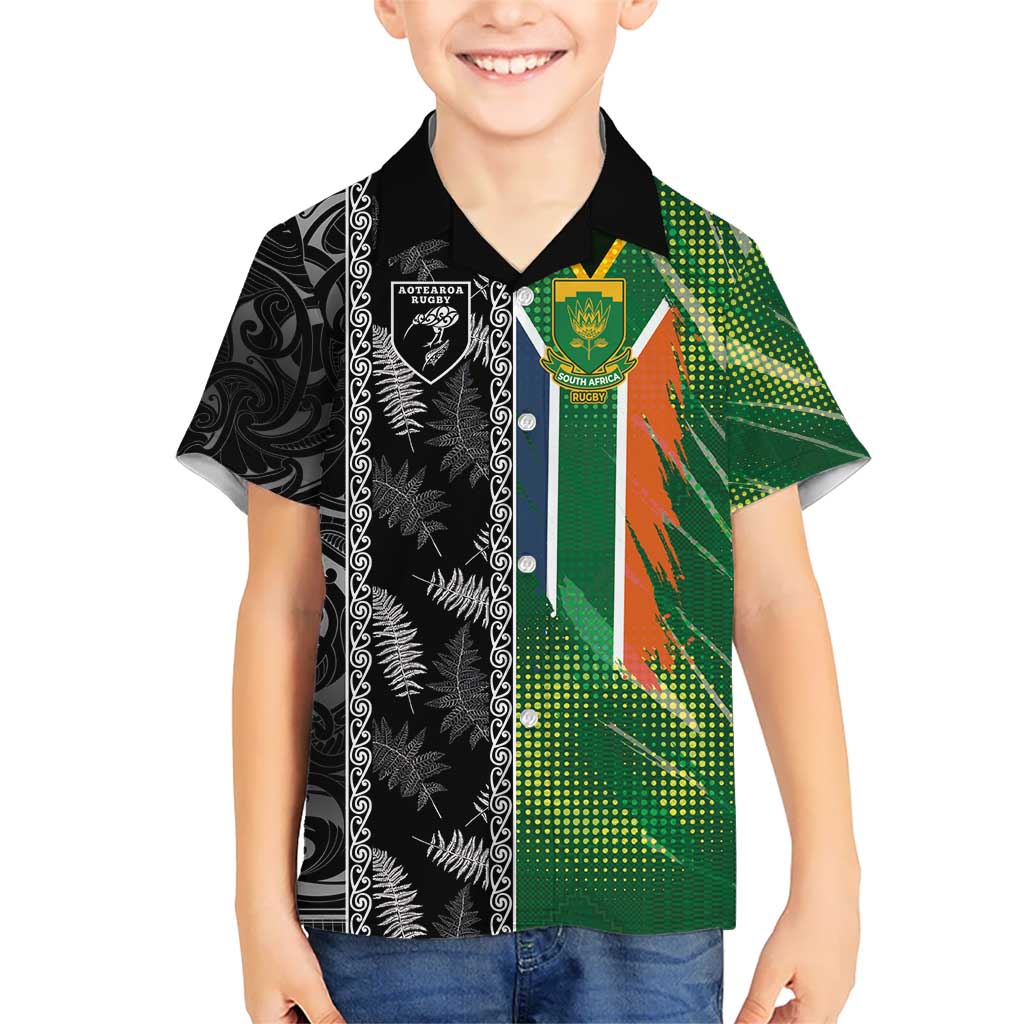 Custom Aotearoa South Africa Rugby Freedom Cup Kid Hawaiian Shirt Maori Silver Fern Art and Sporty Flag SA LT03 Kid Black - Polynesian Pride