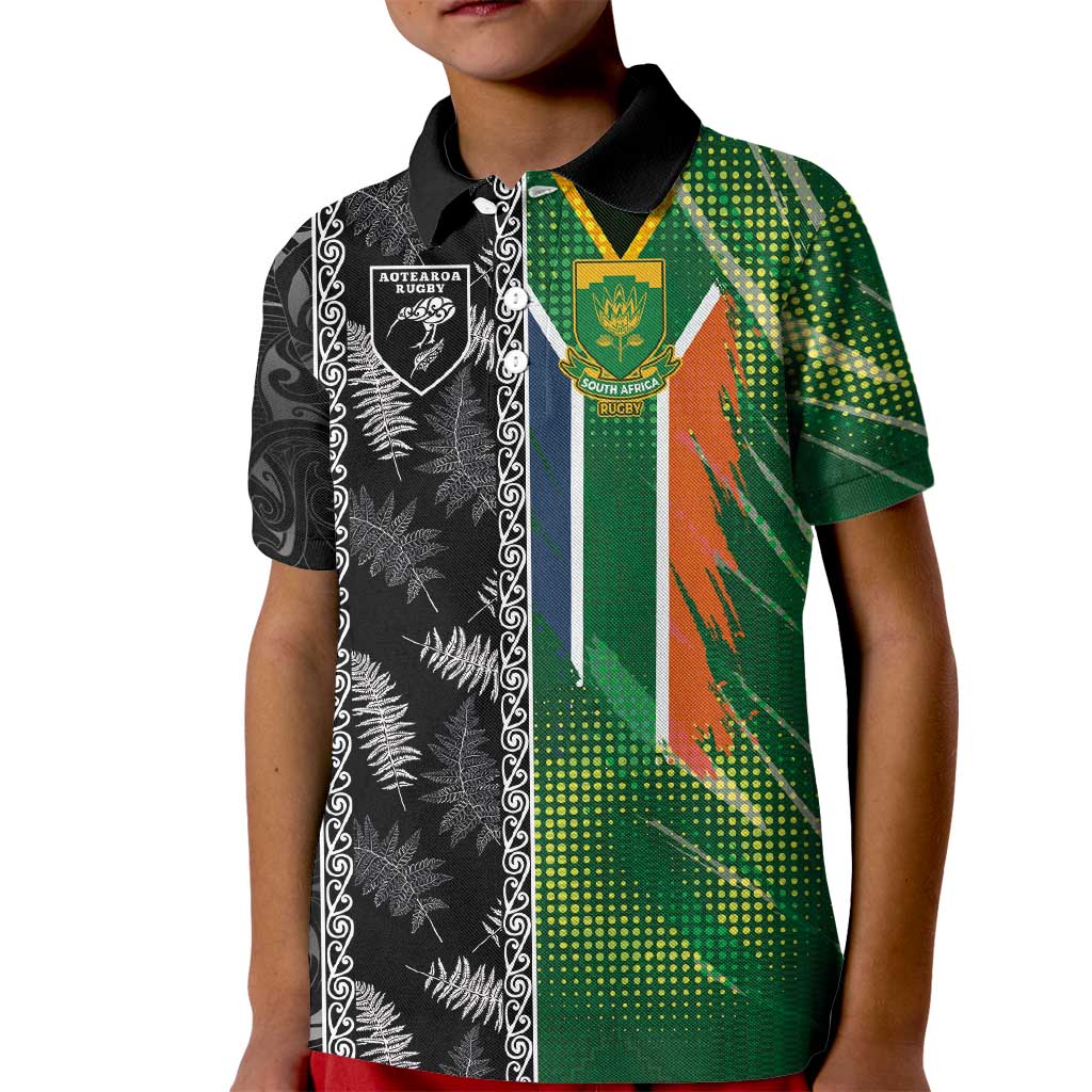 Custom Aotearoa South Africa Rugby Freedom Cup Kid Polo Shirt Maori Silver Fern Art and Sporty Flag SA - Polynesian Pride