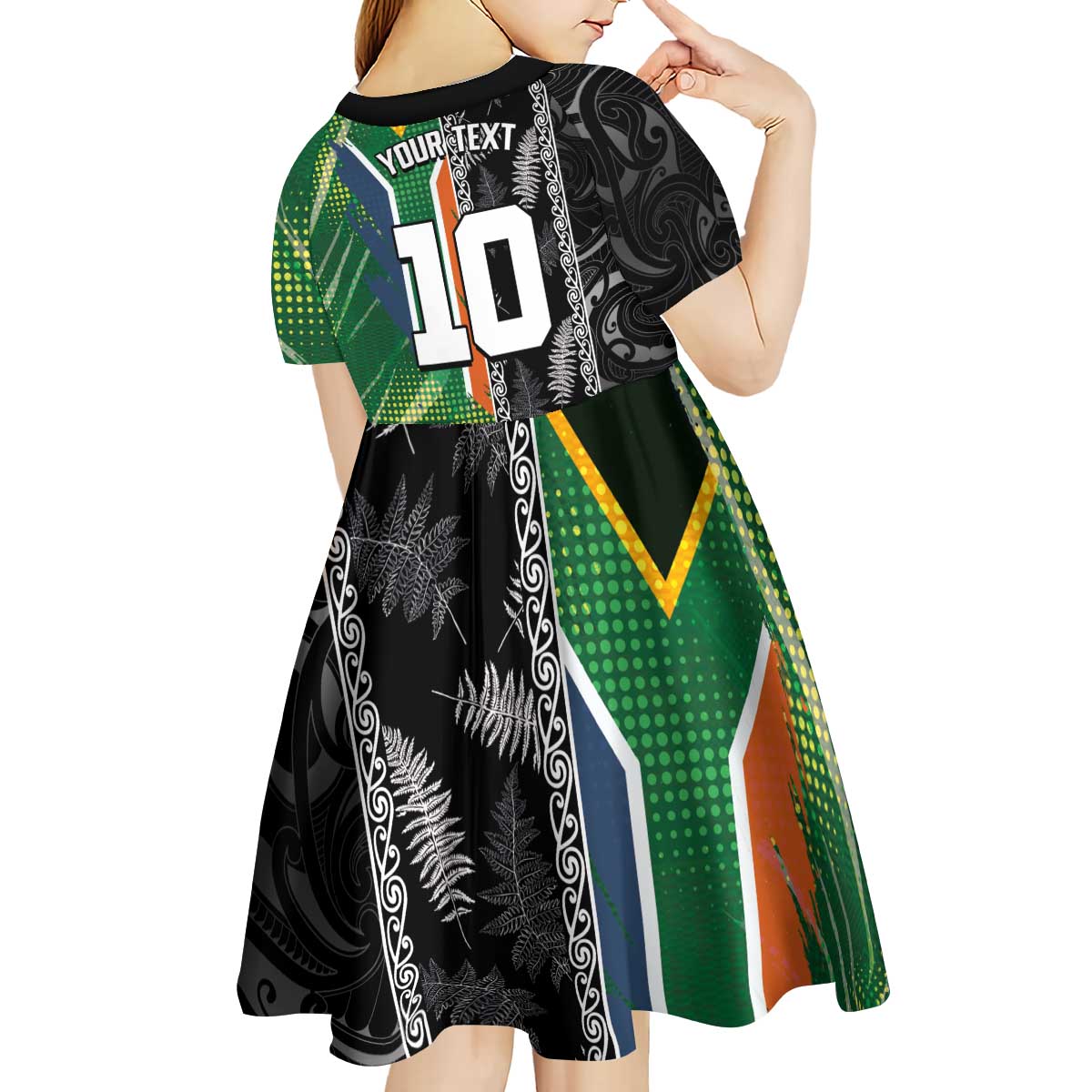 Custom Aotearoa South Africa Rugby Freedom Cup Kid Short Sleeve Dress Maori Silver Fern Art and Sporty Flag SA LT03 - Polynesian Pride
