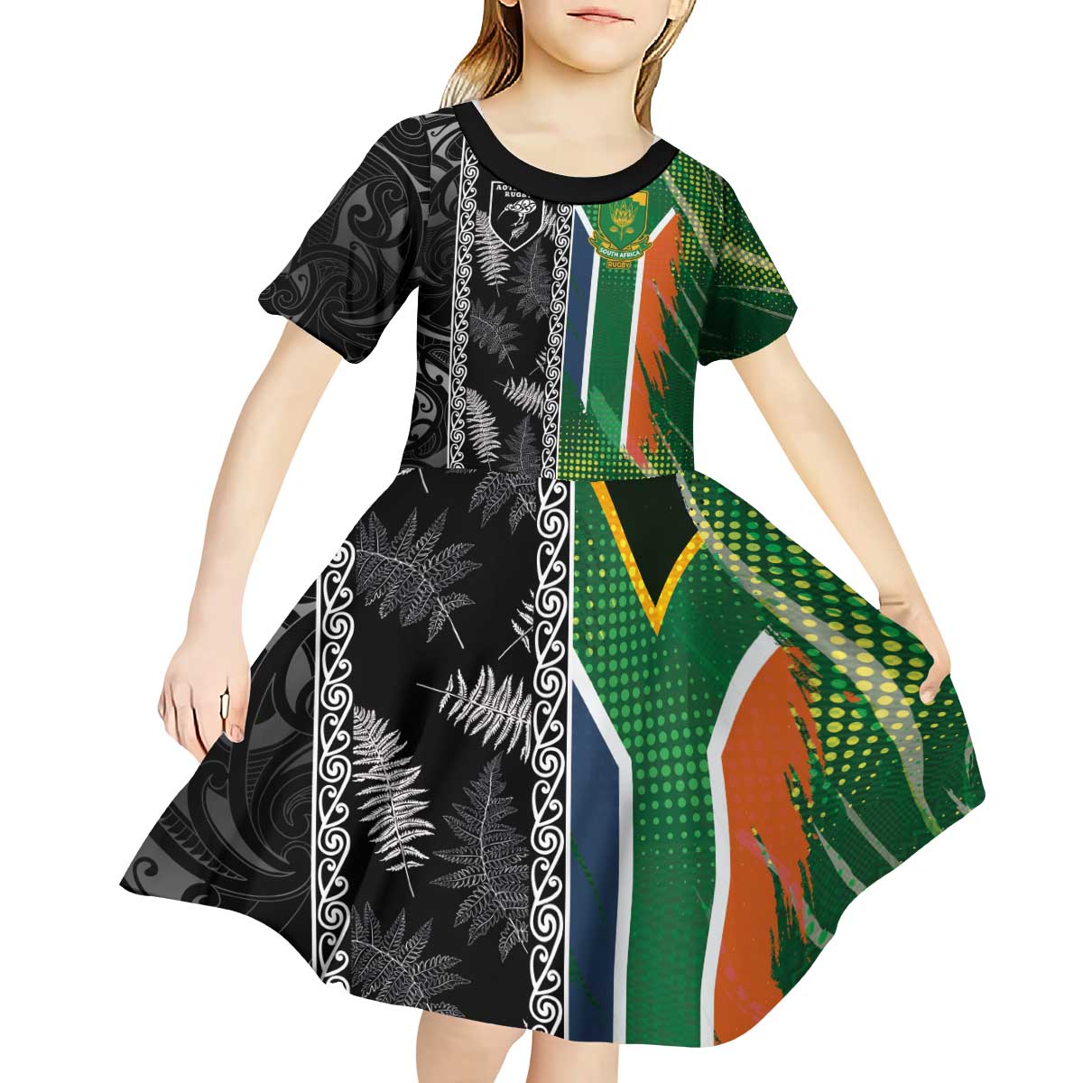Custom Aotearoa South Africa Rugby Freedom Cup Kid Short Sleeve Dress Maori Silver Fern Art and Sporty Flag SA LT03 - Polynesian Pride