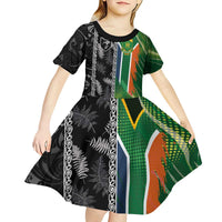 Custom Aotearoa South Africa Rugby Freedom Cup Kid Short Sleeve Dress Maori Silver Fern Art and Sporty Flag SA LT03 - Polynesian Pride