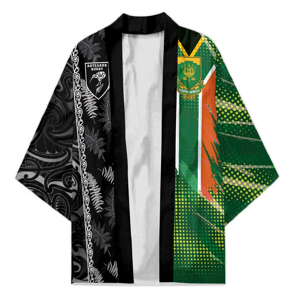 Custom Aotearoa South Africa Rugby Freedom Cup Kimono Maori Silver Fern Art and Sporty Flag SA LT03 Unisex Black - Polynesian Pride