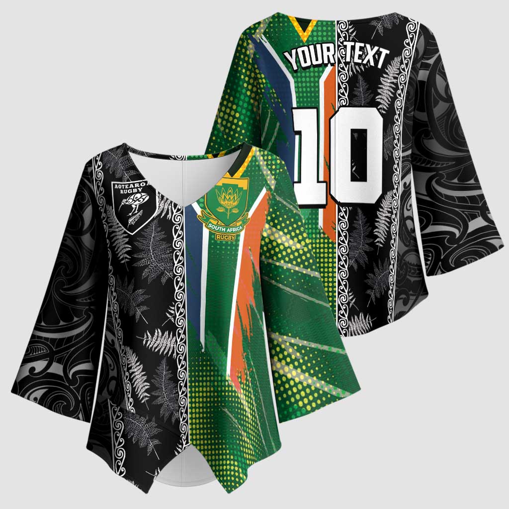 Custom Aotearoa South Africa Rugby Freedom Cup Kimono Sleeve Blouse Maori Silver Fern Art and Sporty Flag SA LT03 - Polynesian Pride