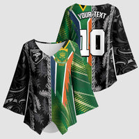 Custom Aotearoa South Africa Rugby Freedom Cup Kimono Sleeve Blouse Maori Silver Fern Art and Sporty Flag SA LT03 - Polynesian Pride