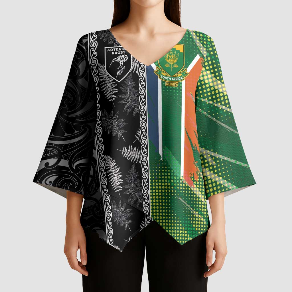 Custom Aotearoa South Africa Rugby Freedom Cup Kimono Sleeve Blouse Maori Silver Fern Art and Sporty Flag SA LT03 - Polynesian Pride
