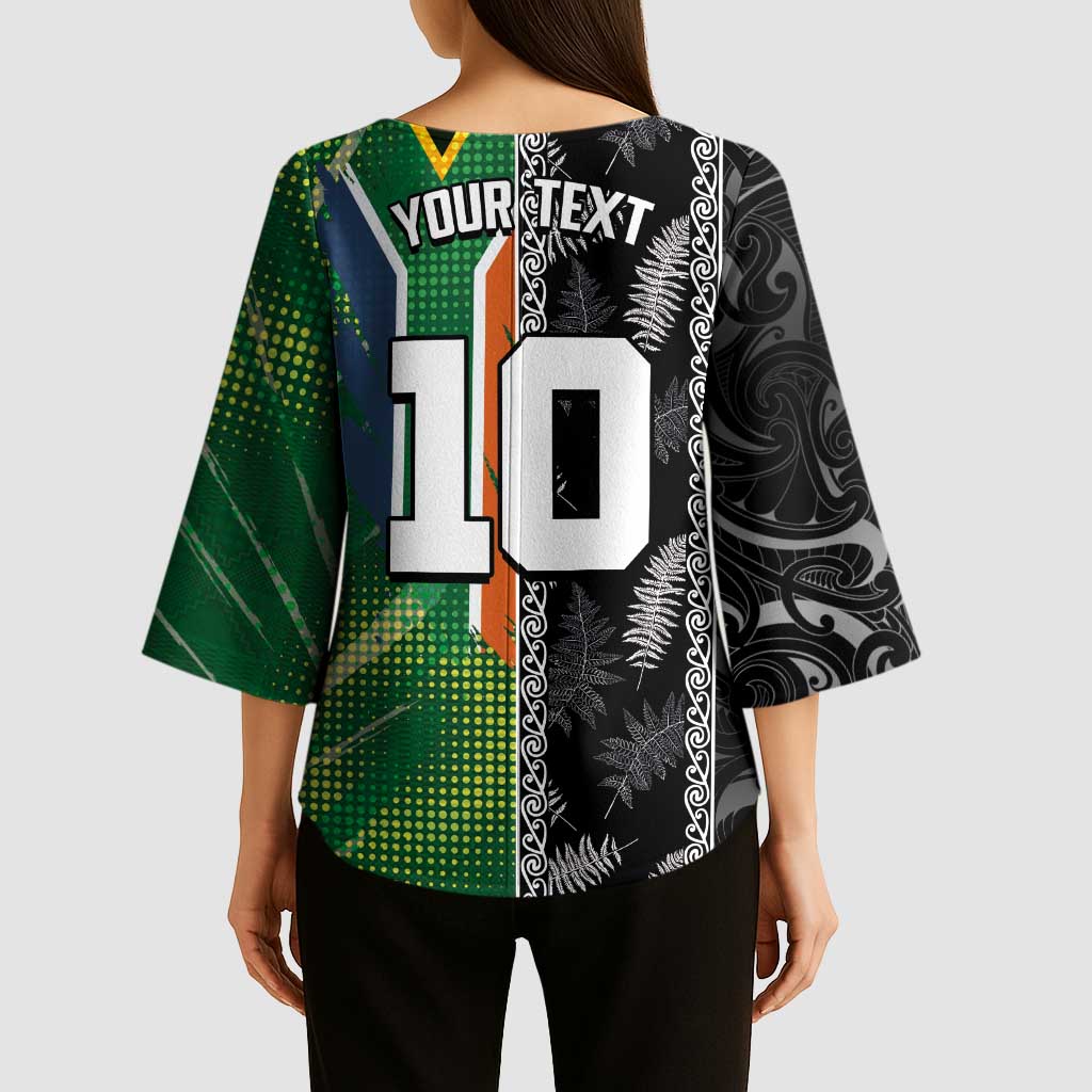 Custom Aotearoa South Africa Rugby Freedom Cup Kimono Sleeve Blouse Maori Silver Fern Art and Sporty Flag SA LT03 - Polynesian Pride