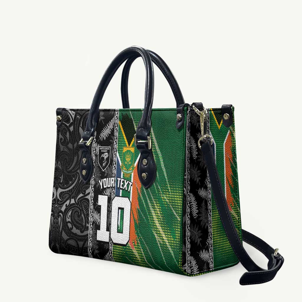 Custom Aotearoa South Africa Rugby Freedom Cup Leather Bag Maori Silver Fern Art and Sporty Flag SA LT03 Black - Polynesian Pride
