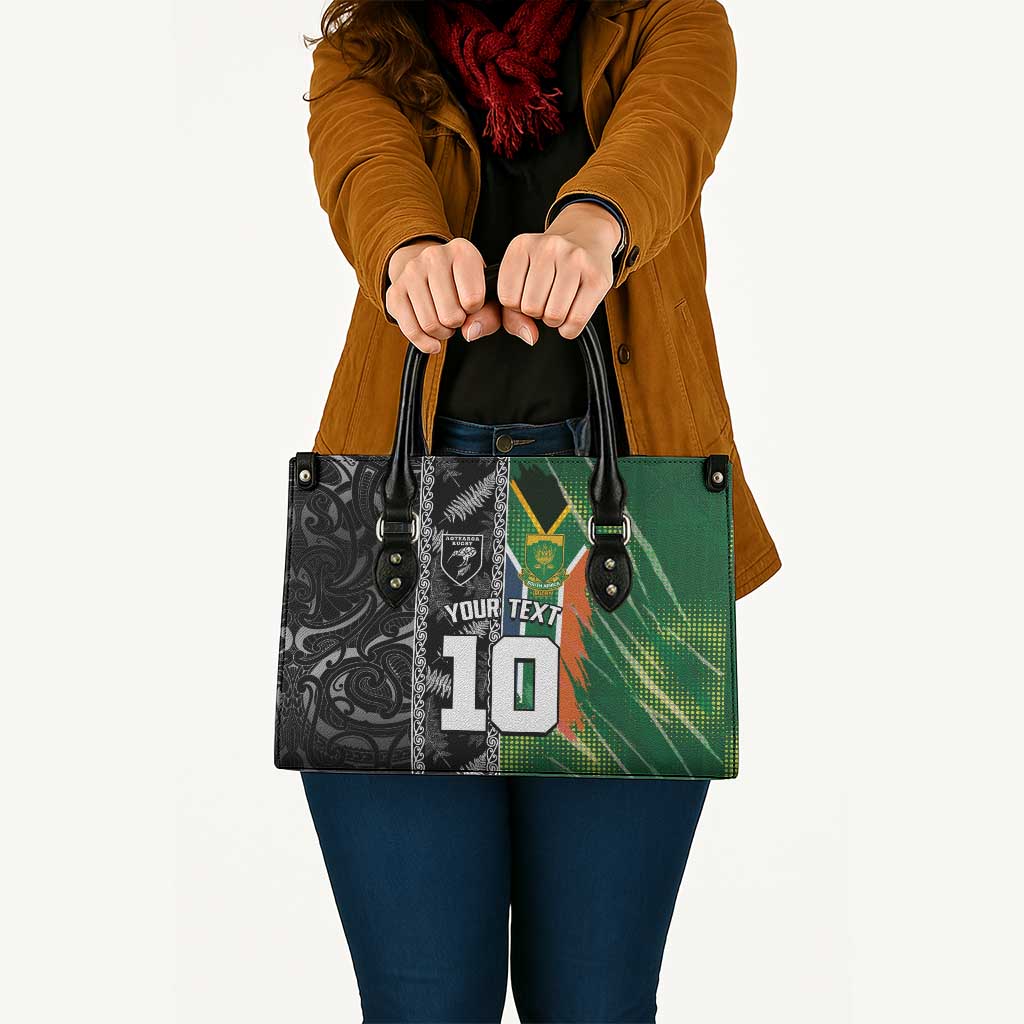 Custom Aotearoa South Africa Rugby Freedom Cup Leather Bag Maori Silver Fern Art and Sporty Flag SA LT03 - Polynesian Pride