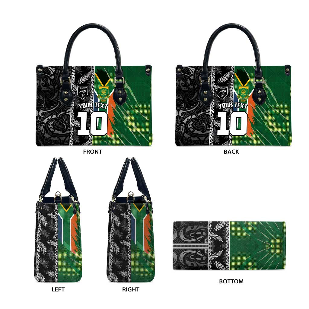 Custom Aotearoa South Africa Rugby Freedom Cup Leather Bag Maori Silver Fern Art and Sporty Flag SA LT03 - Polynesian Pride
