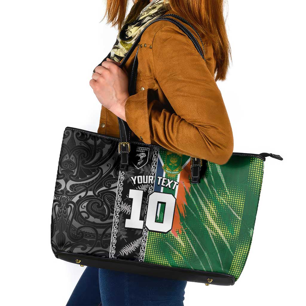 Custom Aotearoa South Africa Rugby Freedom Cup Leather Tote Bag Maori Silver Fern Art and Sporty Flag SA LT03 Black - Polynesian Pride