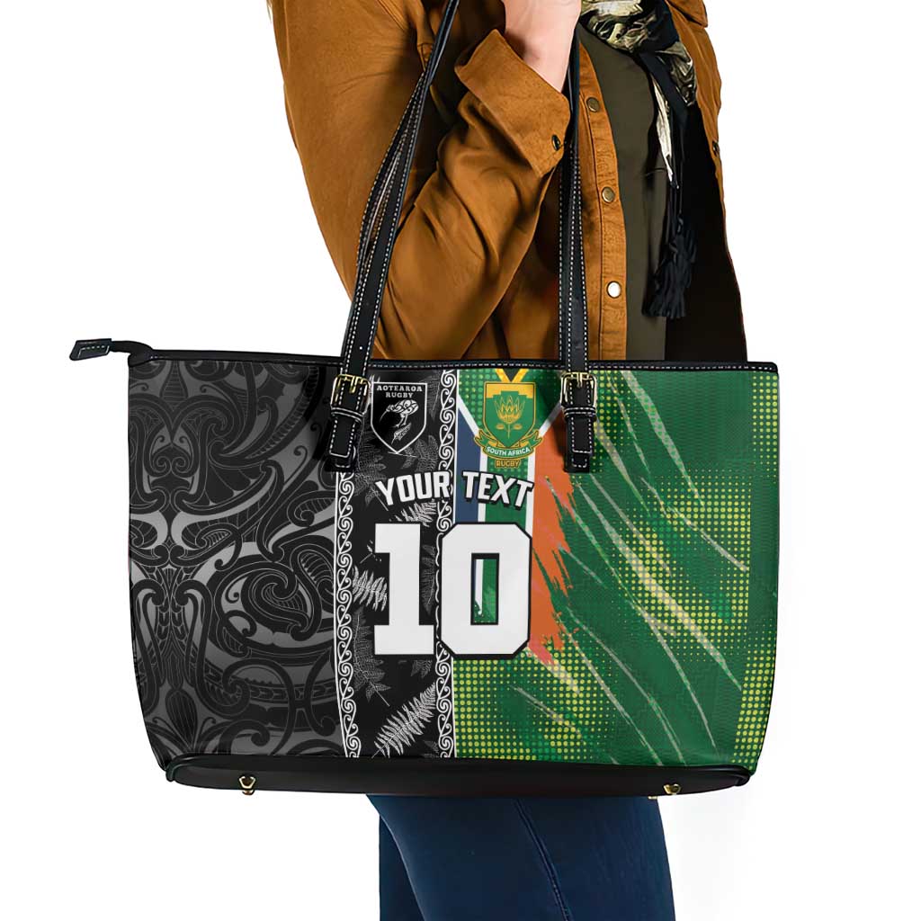 Custom Aotearoa South Africa Rugby Freedom Cup Leather Tote Bag Maori Silver Fern Art and Sporty Flag SA LT03 - Polynesian Pride