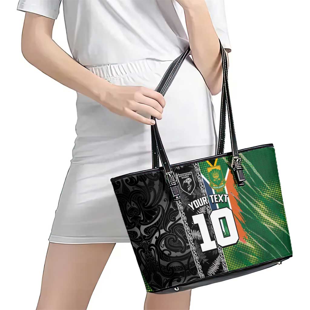 Custom Aotearoa South Africa Rugby Freedom Cup Leather Tote Bag Maori Silver Fern Art and Sporty Flag SA LT03 - Polynesian Pride