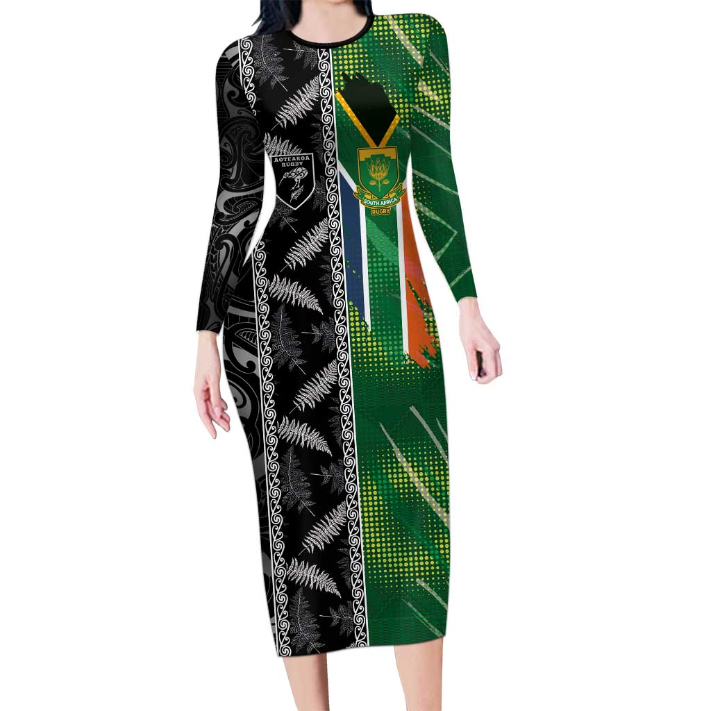 Custom Aotearoa South Africa Rugby Freedom Cup Long Sleeve Bodycon Dress Maori Silver Fern Art and Sporty Flag SA LT03 Long Dress Black - Polynesian Pride