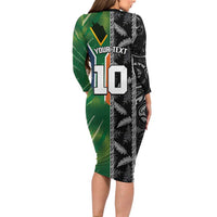 Custom Aotearoa South Africa Rugby Freedom Cup Long Sleeve Bodycon Dress Maori Silver Fern Art and Sporty Flag SA LT03 - Polynesian Pride