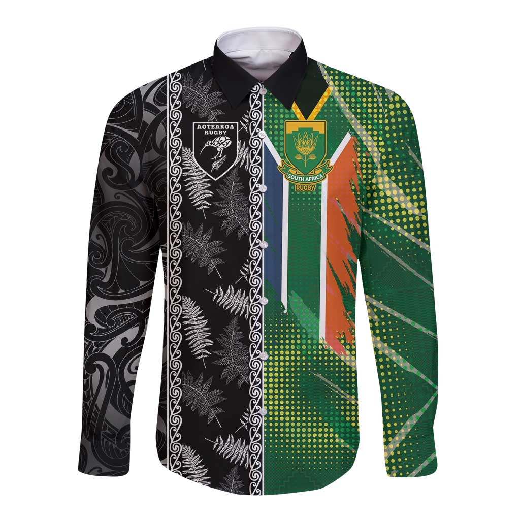 Custom Aotearoa South Africa Rugby Freedom Cup Long Sleeve Button Shirt Maori Silver Fern Art and Sporty Flag SA LT03 Unisex Black - Polynesian Pride