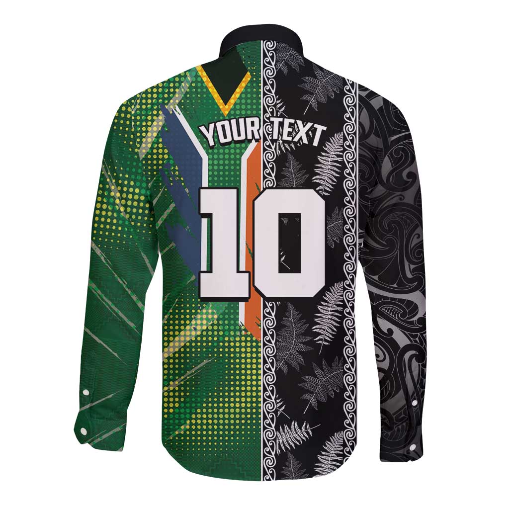 Custom Aotearoa South Africa Rugby Freedom Cup Long Sleeve Button Shirt Maori Silver Fern Art and Sporty Flag SA LT03 - Polynesian Pride