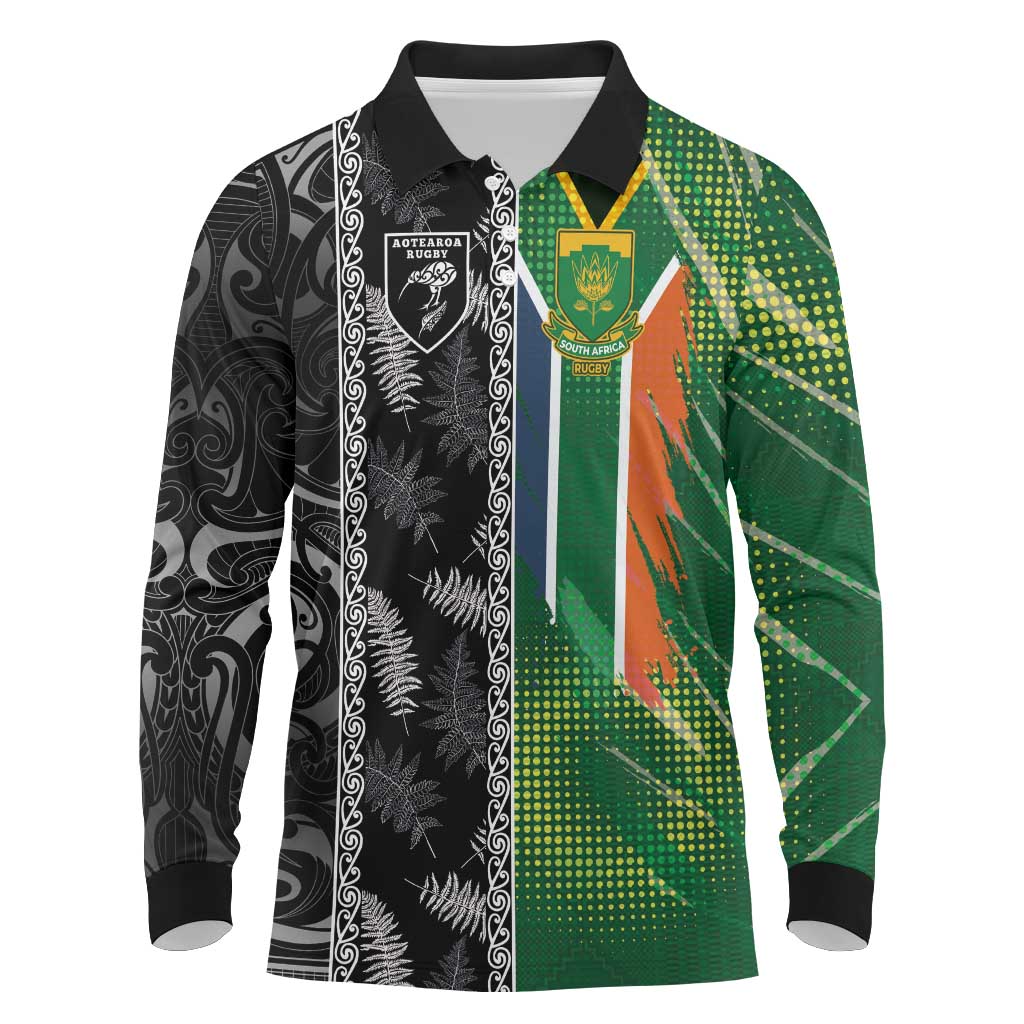 Custom Aotearoa South Africa Rugby Freedom Cup Long Sleeve Polo Shirt Maori Silver Fern Art and Sporty Flag SA LT03 Black - Polynesian Pride