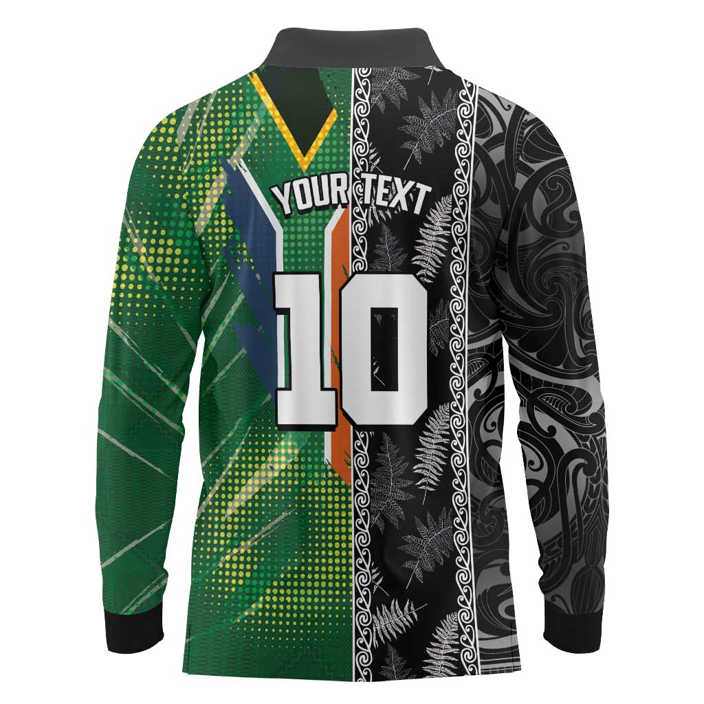 Custom Aotearoa South Africa Rugby Freedom Cup Long Sleeve Polo Shirt Maori Silver Fern Art and Sporty Flag SA LT03 - Polynesian Pride