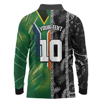 Custom Aotearoa South Africa Rugby Freedom Cup Long Sleeve Polo Shirt Maori Silver Fern Art and Sporty Flag SA LT03 - Polynesian Pride