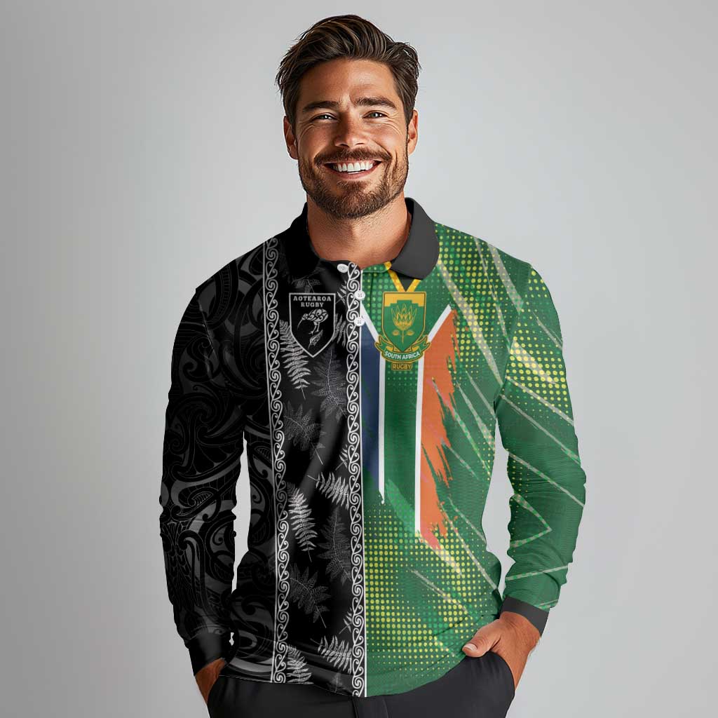 Custom Aotearoa South Africa Rugby Freedom Cup Long Sleeve Polo Shirt Maori Silver Fern Art and Sporty Flag SA LT03 - Polynesian Pride