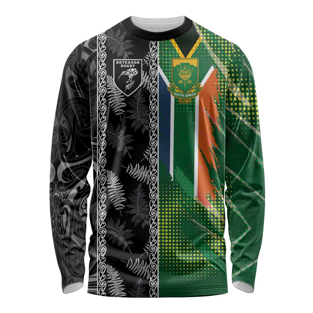 Custom Aotearoa South Africa Rugby Freedom Cup Long Sleeve Shirt Maori Silver Fern Art and Sporty Flag SA LT03 Unisex Black - Polynesian Pride