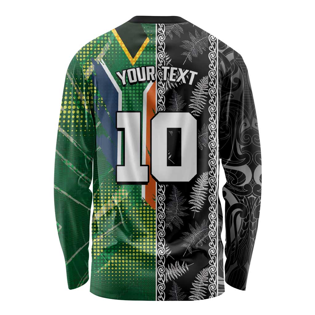 Custom Aotearoa South Africa Rugby Freedom Cup Long Sleeve Shirt Maori Silver Fern Art and Sporty Flag SA LT03 - Polynesian Pride