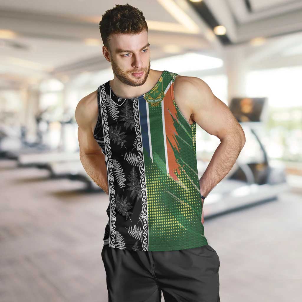 Custom Aotearoa South Africa Rugby Freedom Cup Men Tank Top Maori Silver Fern Art and Sporty Flag SA LT03 Black - Polynesian Pride