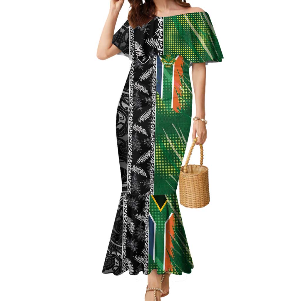 Custom Aotearoa South Africa Rugby Freedom Cup Mermaid Dress Maori Silver Fern Art and Sporty Flag SA LT03 Women Black - Polynesian Pride